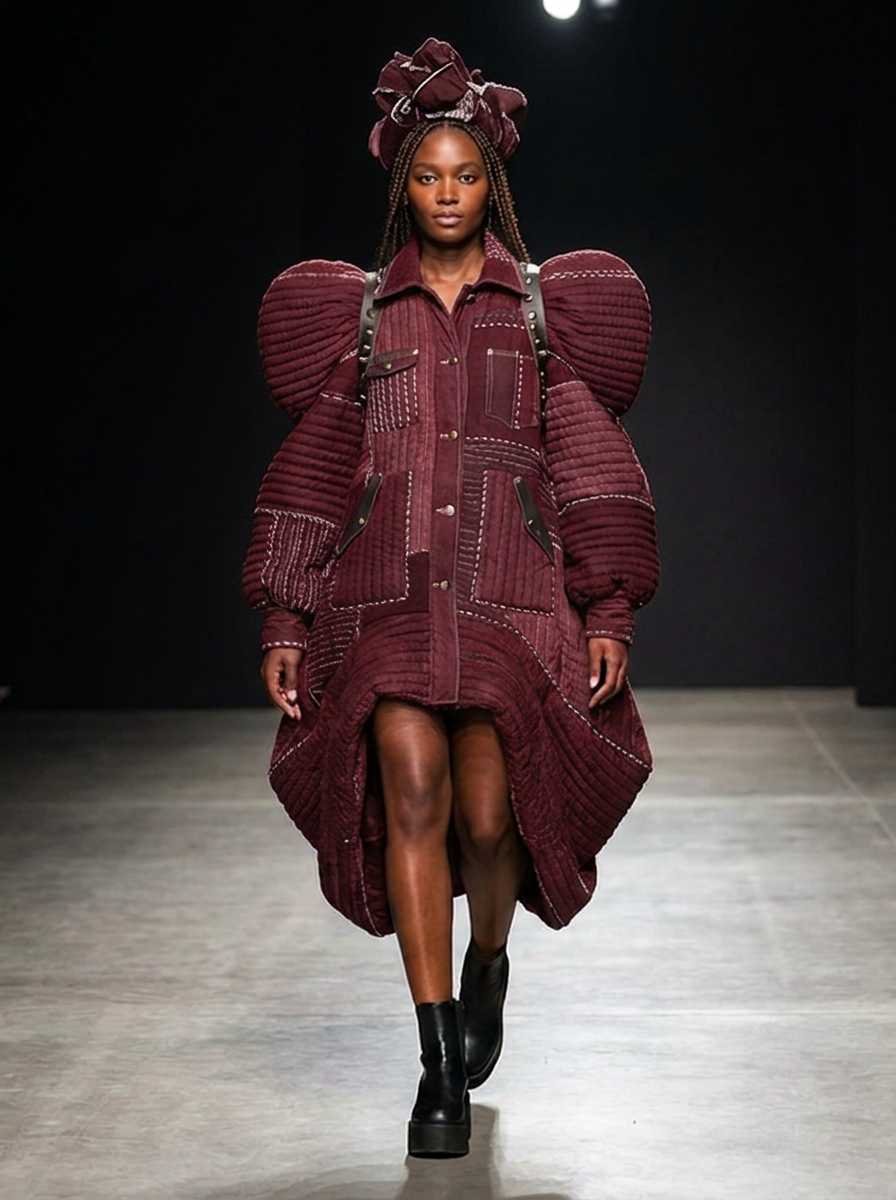 The same sculptural quilted coat in oxblood