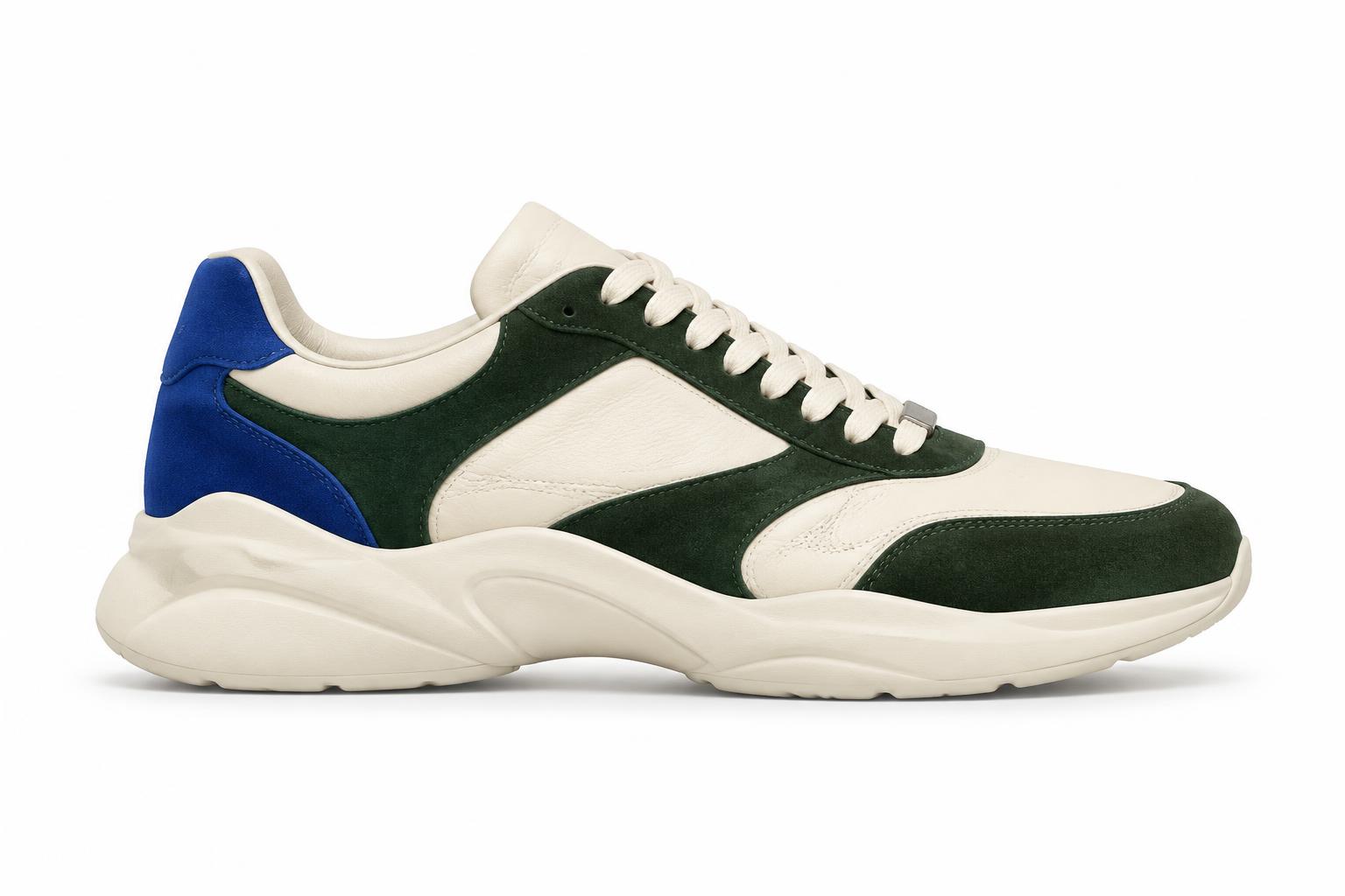 The same sneaker rendered in ivory, racing green and cobalt blue