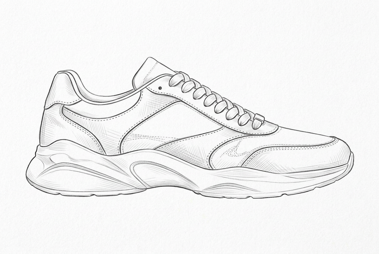 Pencil sketch of the sculptural sneaker